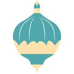 An artistic illustration of a teal ornament with beige accents, symmetrical curved lines, and a pointed top, designed in a vintage style.