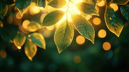 Sunlit leaves and golden bokeh: capturing natures warm glow in a tranquil setting