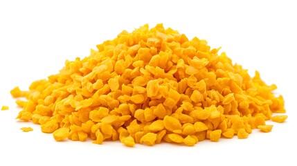 A close-up studio shot shows a pile of vibrant yellow dried fruit pieces isolated on a bright white background.