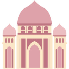 An elegant illustration of the Taj Mahal in pink and beige tones, featuring domes, arched windows, and detailed symmetrical elements.