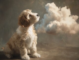 Fluffy puppy gazing upwards at a fluffy cloud.