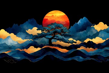 Colorful landscape with a lone tree and a large sun.