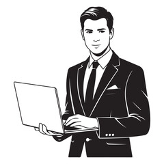 A handsome man standing with laptop Vector Black silhouettes. with white background