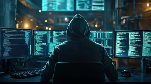 Man in a hoodie is sitting in front of a computer with three monitors. He is typing on a keyboard and he is working on a computer program. Scene is focused and intense