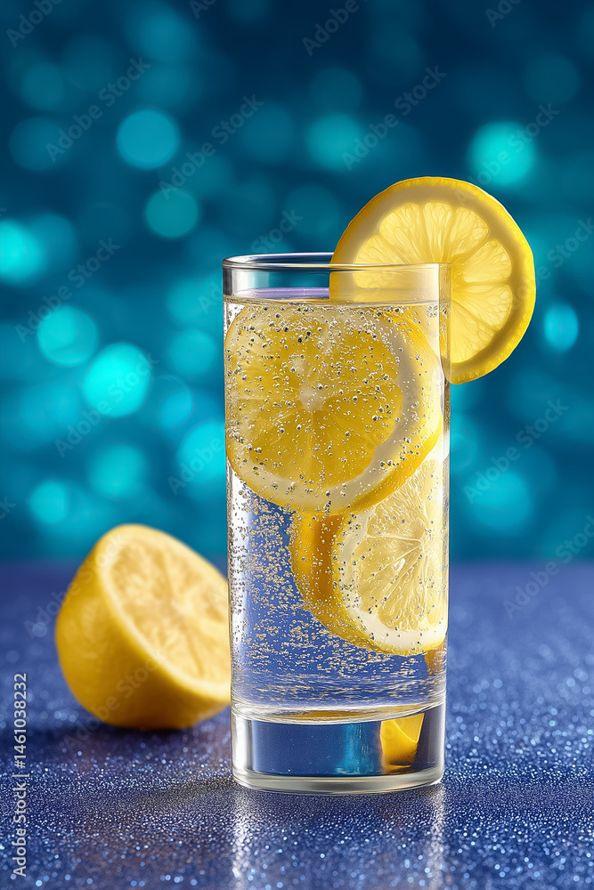 Aufkleber sparkling water displays fresh lemon slices in glass on reflective surface creating a minimalist com