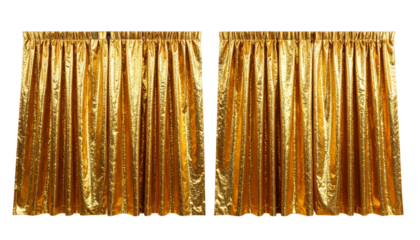 Shimmering golden curtains create elegant and luxurious atmosphere, perfect for events or stage settings. Their rich texture and vibrant color add touch of glamour to any space