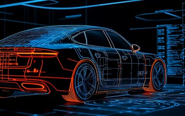 Future car design, digital rendering, technical blueprint