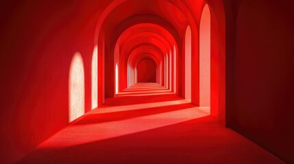 Fototapeta premium Aerial view of a red carpet stretching down a symmetrical corridor with dramatic shadows