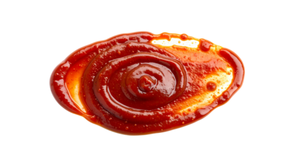 Rich and vibrant red ketchup is artistically swirled on transparency background, showcasing its thick and glossy texture. This condiment adds flavor and excitement to various dishes