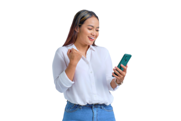 Excited young Asian woman using mobile phone gesturing yes with raised fist reacting to online news isolated on transparent background