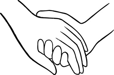 Two hands holding together, line art. Romantic relationship, support concept.