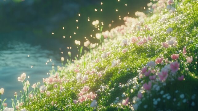Cliff-top meadow gently sloping toward an abrupt drop, with ocean mist rising