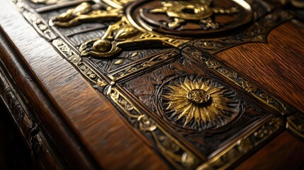 Obraz premium Close-up of a carved wooden temple door decorated with gold inlay and sacred symbols