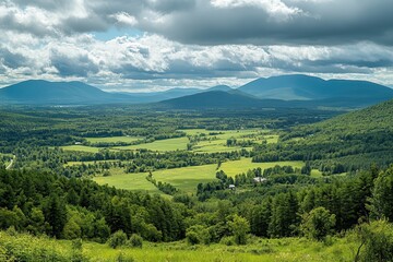 Naklejka premium Rolling green fields meet forested hills under a cloudy sky. Ideal for travel, nature, or landscapes with a peaceful vibe.