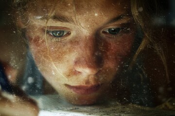Close-up portrait of a person concentrating on a document.