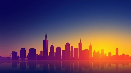 A vibrant cityscape silhouette is reflected in calm water at sunset showcasing a stunning urban skyline panorama.