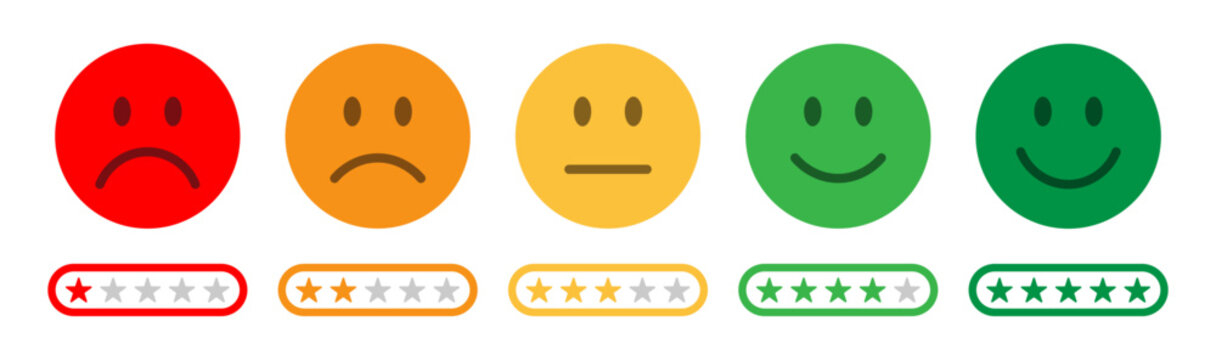 Naklejki Feedback rating scale with emoji faces from red sad to green happy and star ratings below. Ideal for surveys, reviews, customer experience and satisfaction. Rating emoji, feedback emoji, icons.