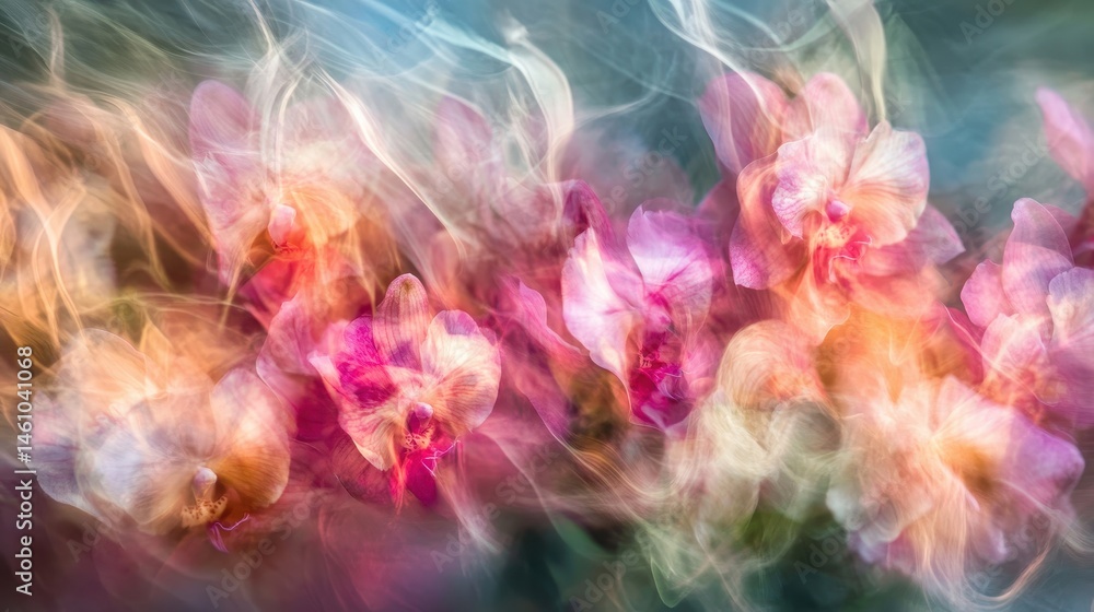 Poster soft pink orchids blend in an ethereal, artistic motion blur effect. ideal for backgrounds, adding a