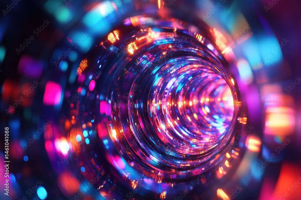 Poster colorful, futuristic tunnel with bokeh lights and shining reflections. it is ideal for representing 