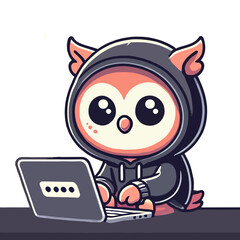 Owl Cyber Security Cartoon Character Working On Laptop Wearing Hoodie On White Background