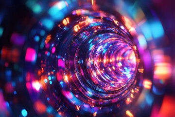 Obraz premium Colorful, futuristic tunnel with bokeh lights and shining reflections. It is ideal for representing technology, data, or abstract concepts.
