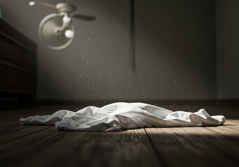 White sheet falling from ceiling.