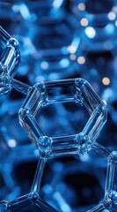 Abstract close-up view of interconnected transparent hexagonal structures resembling molecular architecture in blue hues