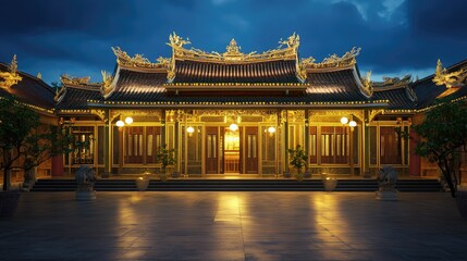 Nighttime temple lit by soft golden lights, creating serene and sacred ambiance