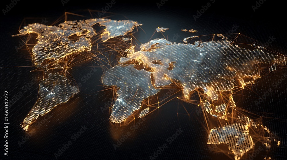 Poster illuminated world map highlighting global interconnectedness and digital networks