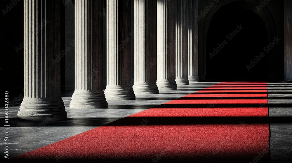 Poster red carpet glow under deep shadows from architectural columns