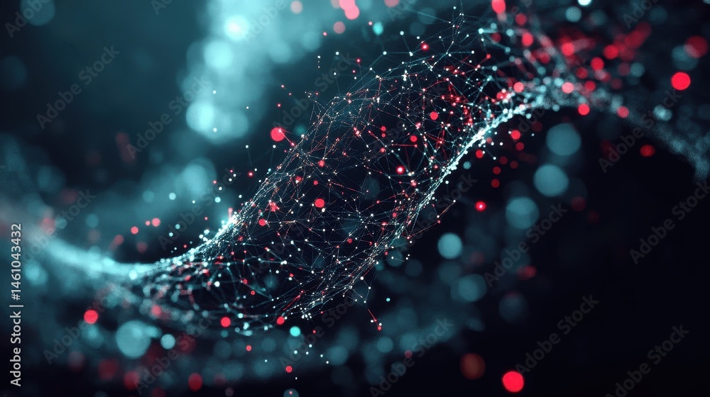 Poster abstract blue and red connected dots with lines, dark background. it's perfect for illustrating tech