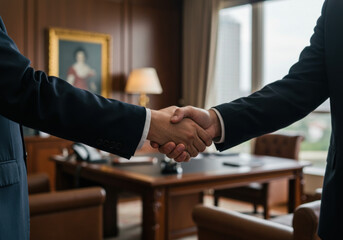 men shaking hands in a hotel room.