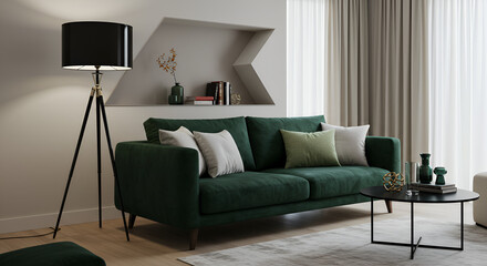 Elegant Green Velvet Sofa in Modern Living Room