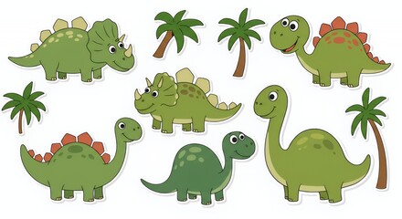 Adorable Cartoon Dinosaurs and Palm Trees Collection