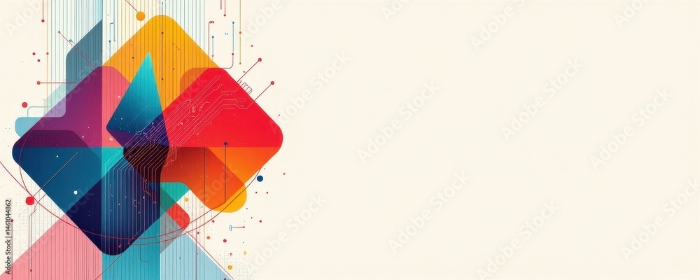 Poster create an abstract art piece featuring geometric forms posed of lines in various colors, the subject