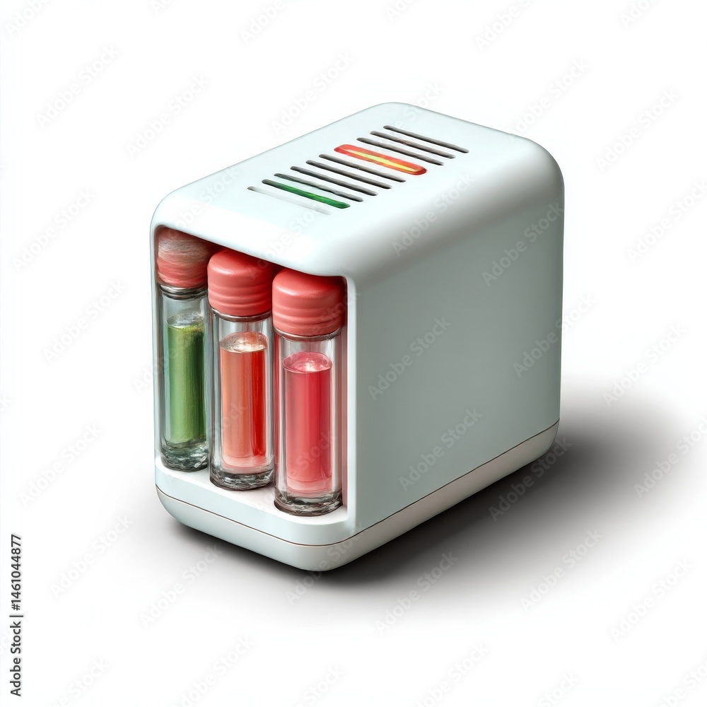 Poster A Stylish Color-Coded System: Three Vials in a Sleek White Container with Gradient Lights for Intuitive Visual Feedback.