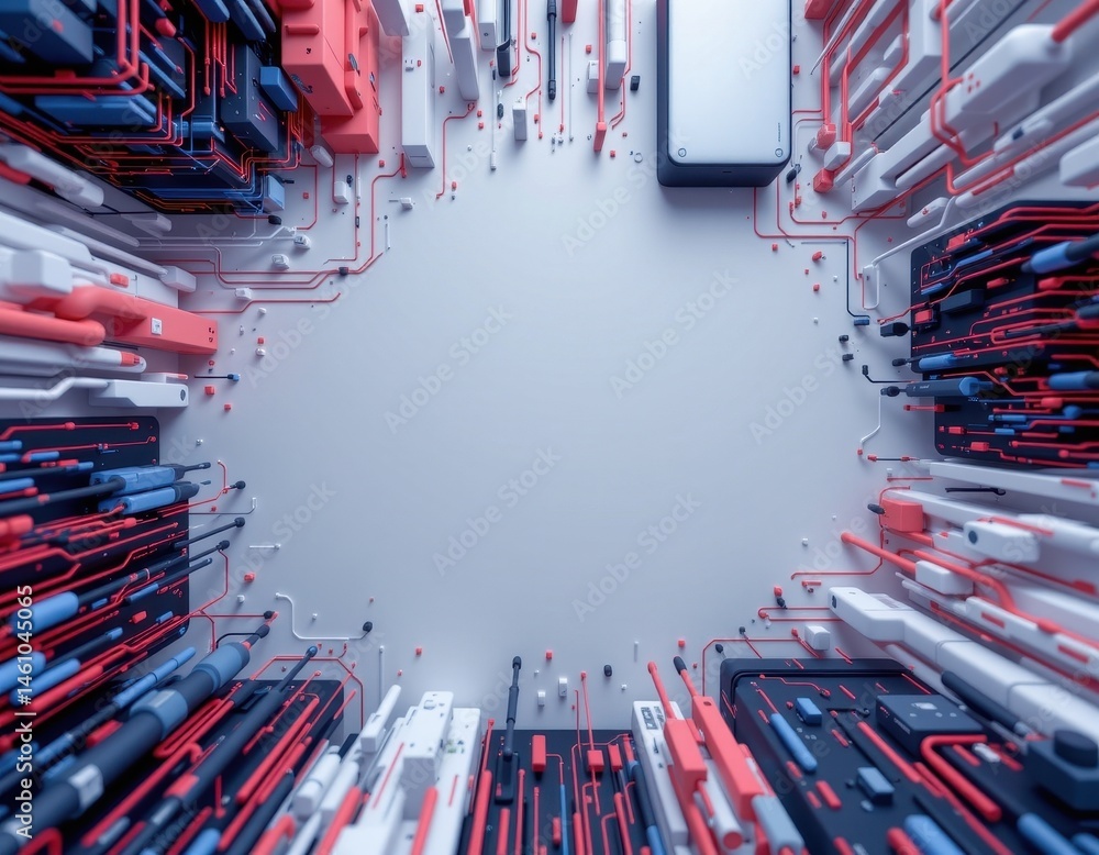 Poster create a 3d render of an abstract technology background for network munications, the image should fe