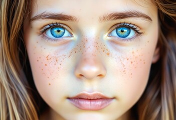 Fototapeta premium Close up Freckled Face with Blue Eyes Girl Portrait