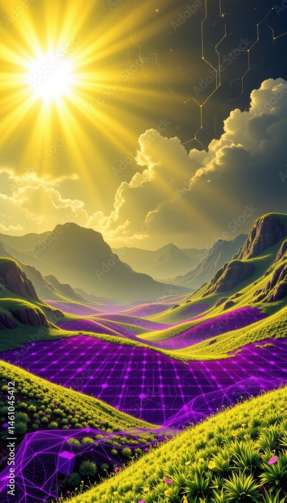 Poster create an abstract landscape background in cyberspace featuring a purple grid hi tech network with a