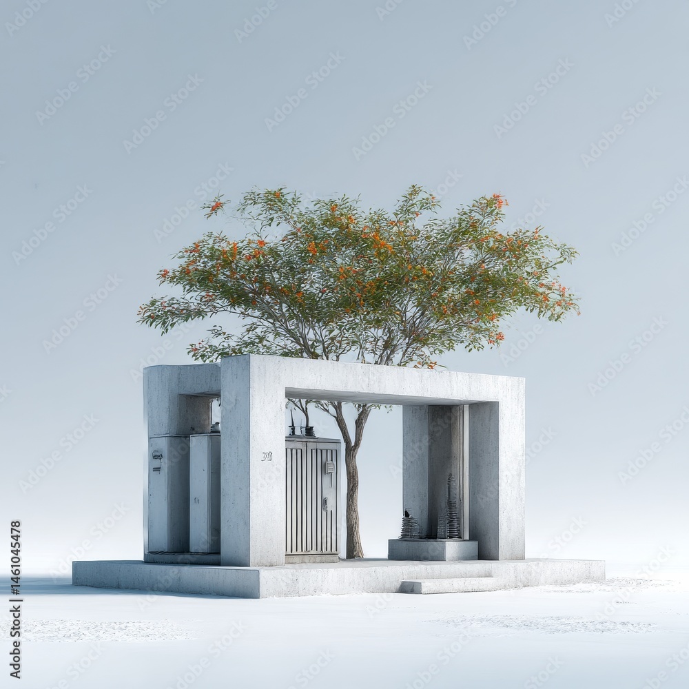Aufkleber Concrete Sanctuary: A Tree's Embrace in Minimalist Architecture and Surreal Stillness