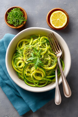 Spiralized zucchini noodles topped with pesto in a white bowl. Fresh lemon and herbs add bright accents. Clean grey background enhances vibrant colors