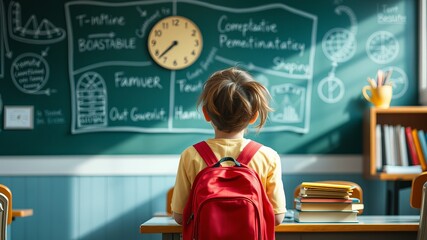 A young student with a red backpack sits at a desk facing a chalkboard filled with educational drawings and words in a classroom.