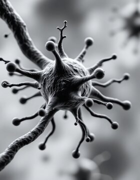 create a 3d illustration of a neuron cell in lightwave, featuring monochromatic tones and rendered in a puter generated style as a medical background photo