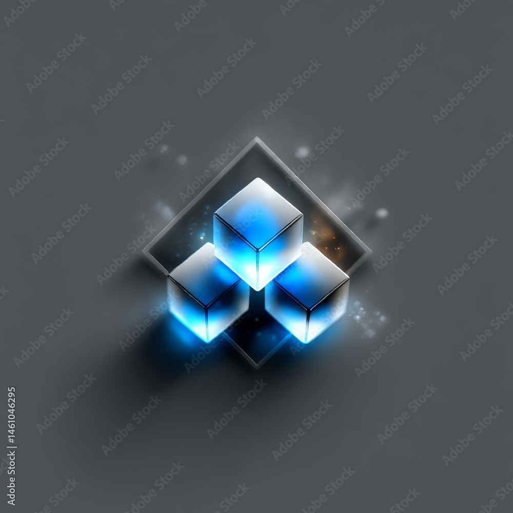 Poster Futuristic Abstract: A Stack of Glowing Blue Cubes with Sparkling Effects and Square Frame on a Sleek Gray Background