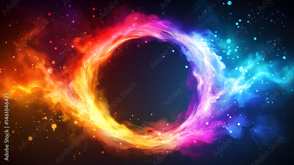 Poster abstract circle frame with colorful nebula clouds and glowing particles in dark space