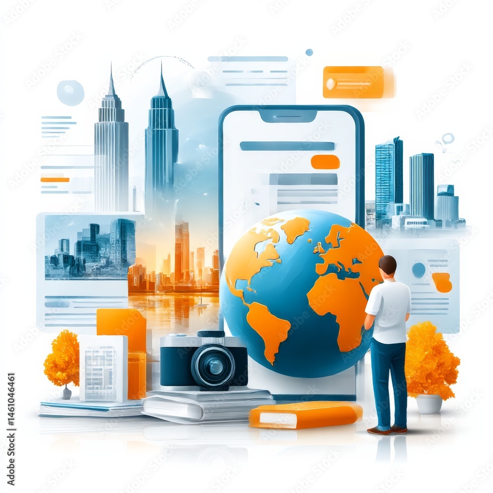 Poster global connectivity and mobile technology: man viewing world cities and data on digital devices