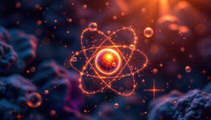 create a digital illustration of an atom with a glowing nucleus and electrons orbiting around it, showcasing its atomic structure