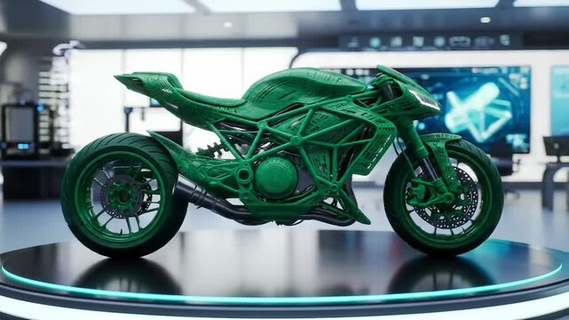 Green Modern Motorcycle 3D Render In Studio Setting