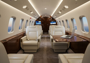 Luxurious leather seats inside a private jet.