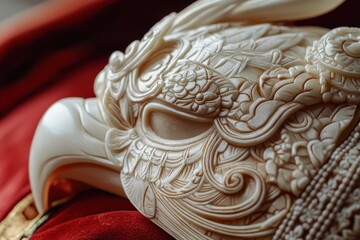 Ornate carved eagle head, detailed carving, ivory.
